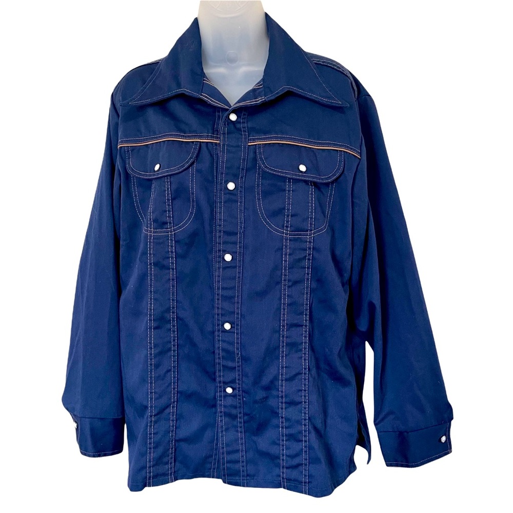 Vintage 70s Large Collar Pearl Snap Button Down Shirt Navy Blue Western Large